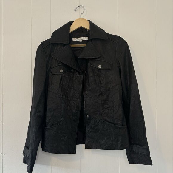 Kenneth Cole Genuine Leather Jacket Women's Small Black Button Biker Classic 90s - Picture 2 of 12